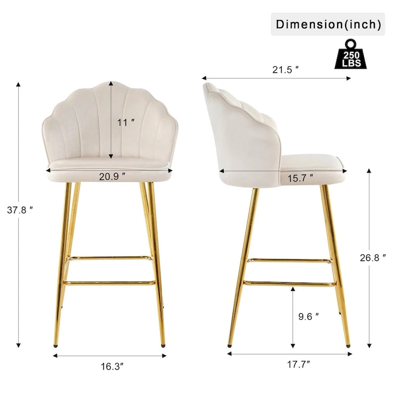 Ensemble de 2 tabourets de bar en velours, hauteur comptoir avec pieds en métal, chaises de cuisine rembourrées avec repose-pieds
