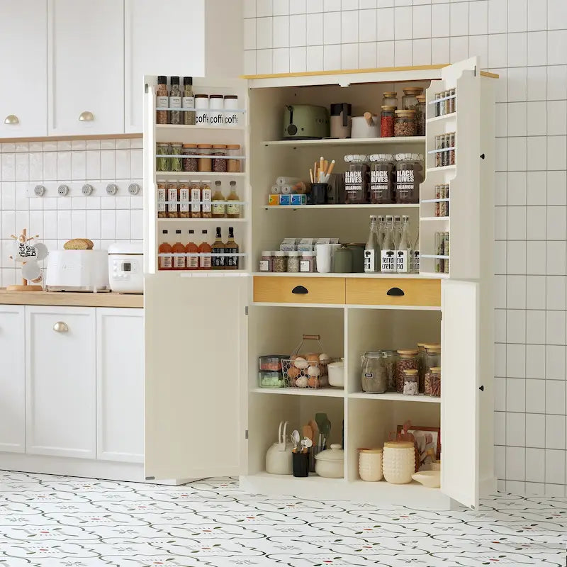 Garde-manger indépendant avec 2 tiroirs, armoire de rangement avec 8 portes et étagères, placards avec 2 étagères réglables