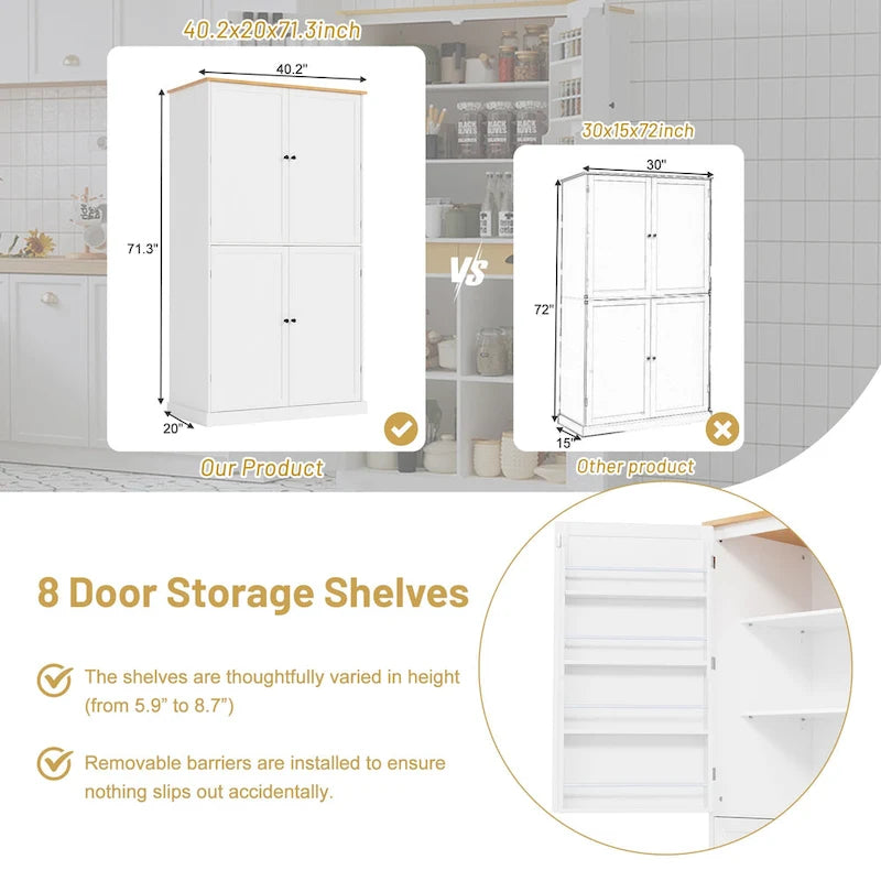 Garde-manger indépendant avec 2 tiroirs, armoire de rangement avec 8 portes et étagères, placards avec 2 étagères réglables