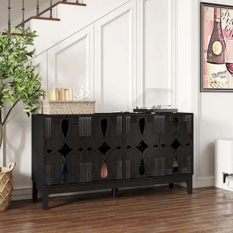 Buffet/meuble d'appoint ajouré, meuble de rangement d'entrée de 60,5 pouces, console multimédia à 4 portes