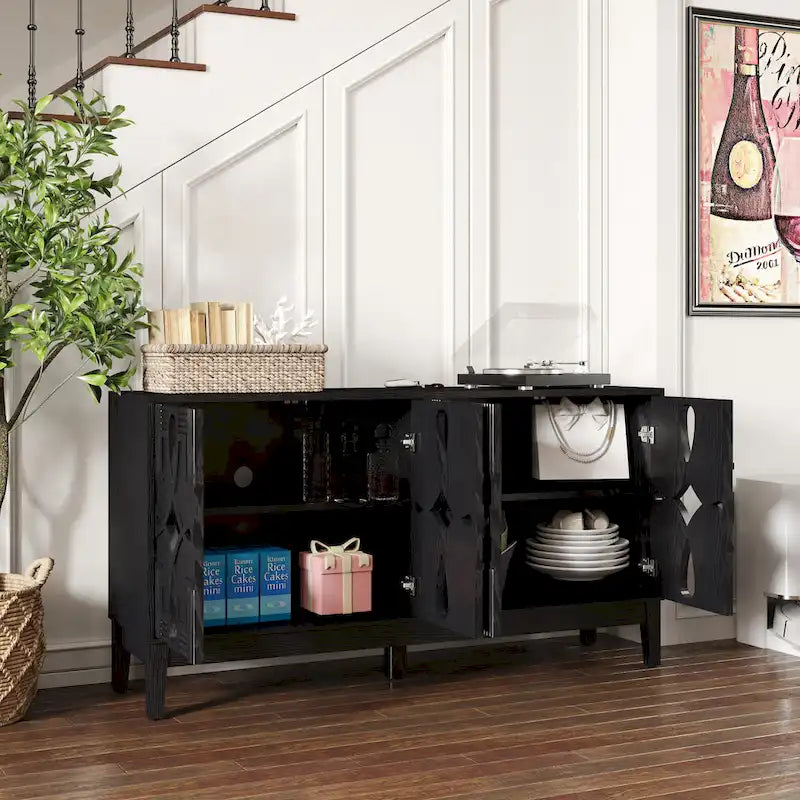 Buffet/meuble d'appoint ajouré, meuble de rangement d'entrée de 60,5 pouces, console multimédia à 4 portes