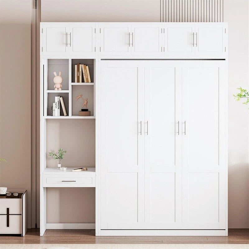 Lit escamotable mural double/queen avec bureau et armoire supérieure, lit pliant escamotable avec étagères de rangement, conception gain de place