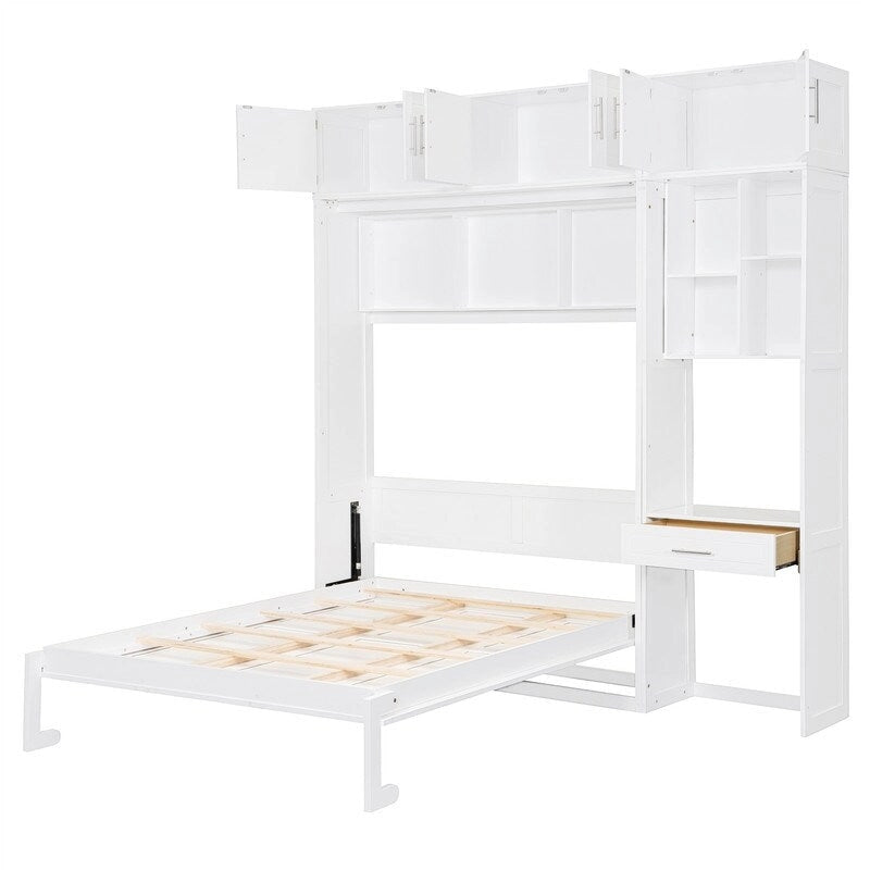 Lit escamotable mural double/queen avec bureau et armoire supérieure, lit pliant escamotable avec étagères de rangement, conception gain de place