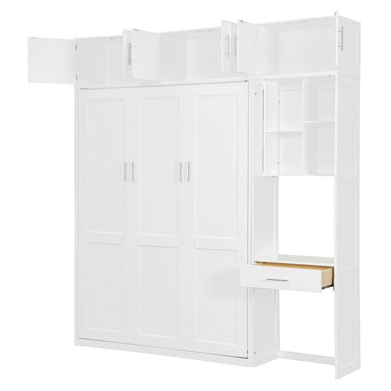 Lit escamotable mural double/queen avec bureau et armoire supérieure, lit pliant escamotable avec étagères de rangement, conception gain de place