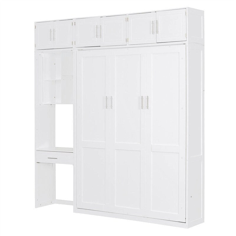 Lit escamotable mural double/queen avec bureau et armoire supérieure, lit pliant escamotable avec étagères de rangement, conception gain de place