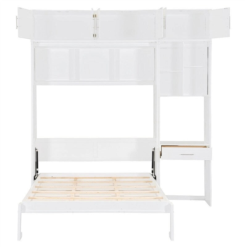 Lit escamotable mural double/queen avec bureau et armoire supérieure, lit pliant escamotable avec étagères de rangement, conception gain de place