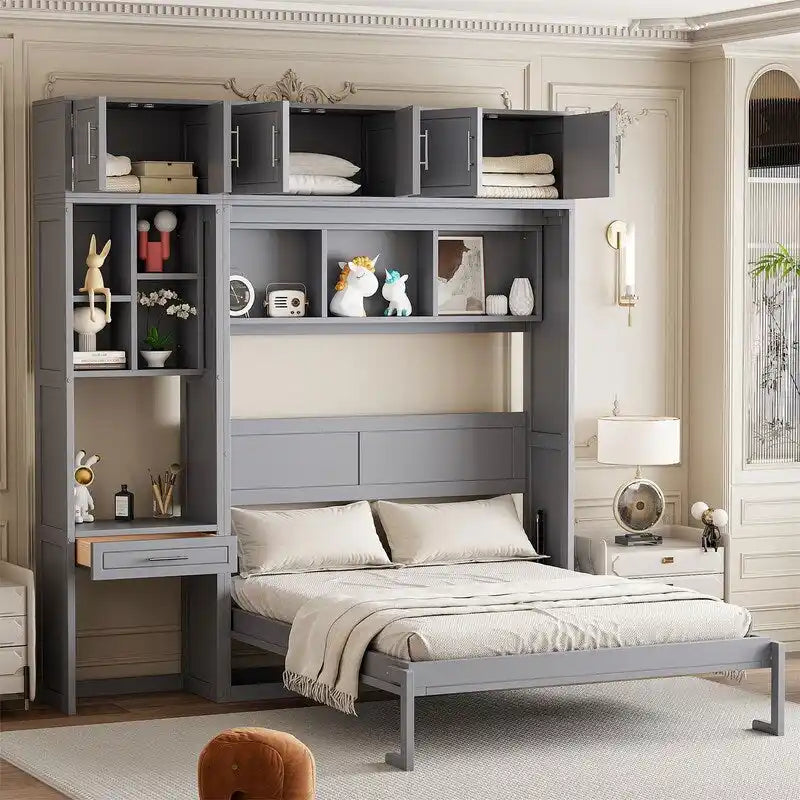Lit escamotable mural double/queen avec bureau et armoire supérieure, lit pliant escamotable avec étagères de rangement, conception gain de place