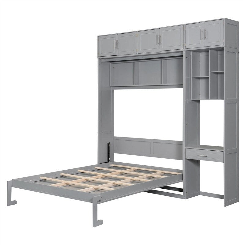 Lit escamotable mural double/queen avec bureau et armoire supérieure, lit pliant escamotable avec étagères de rangement, conception gain de place
