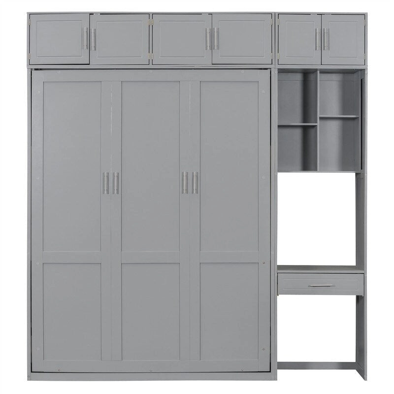 Lit escamotable mural double/queen avec bureau et armoire supérieure, lit pliant escamotable avec étagères de rangement, conception gain de place