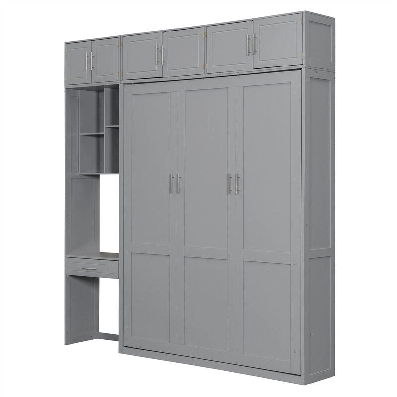 Lit escamotable mural double/queen avec bureau et armoire supérieure, lit pliant escamotable avec étagères de rangement, conception gain de place