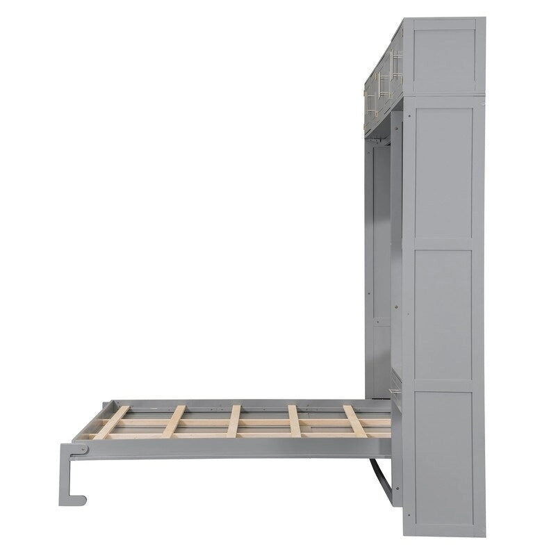Lit escamotable mural double/queen avec bureau et armoire supérieure, lit pliant escamotable avec étagères de rangement, conception gain de place