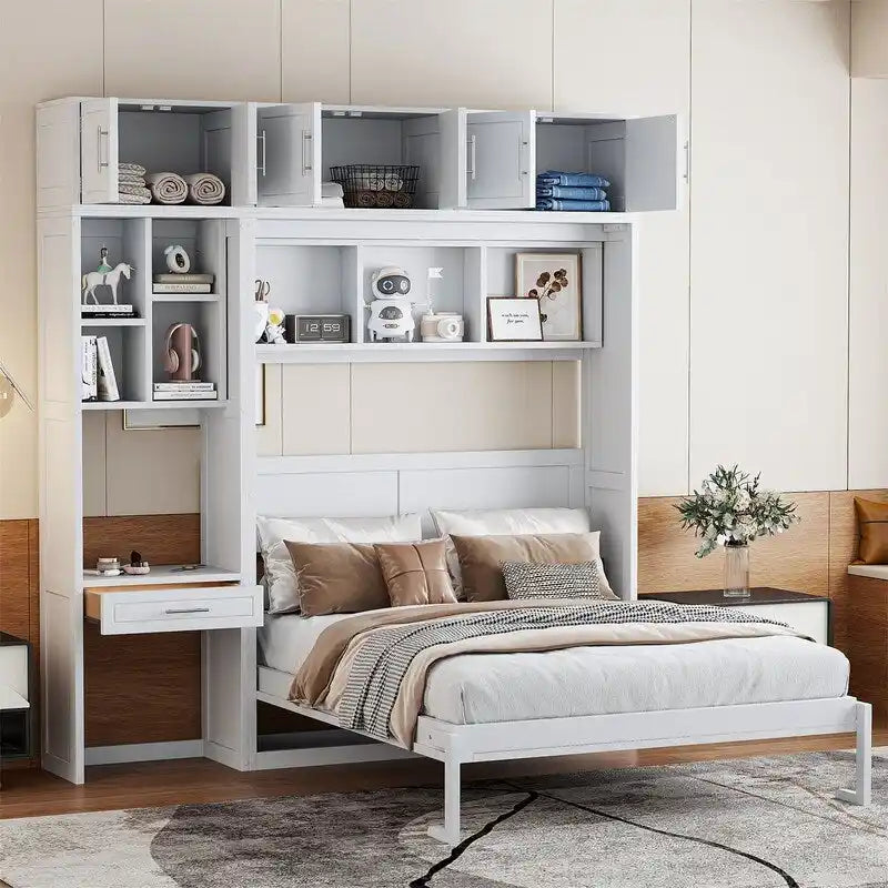 Lit escamotable mural double/queen avec bureau et armoire supérieure, lit pliant escamotable avec étagères de rangement, conception gain de place