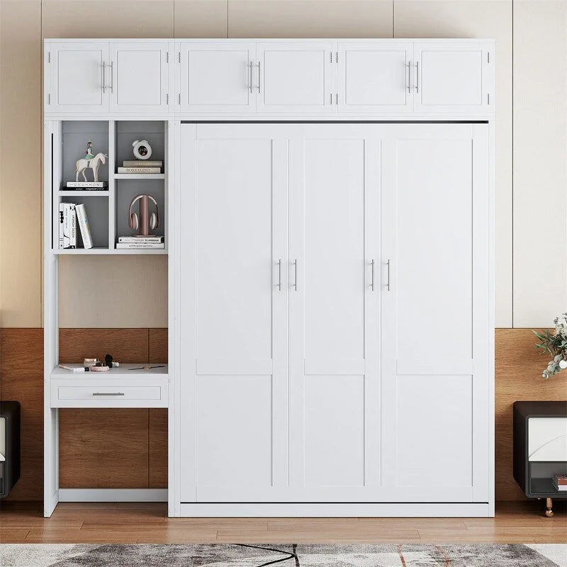 Lit escamotable mural double/queen avec bureau et armoire supérieure, lit pliant escamotable avec étagères de rangement, conception gain de place