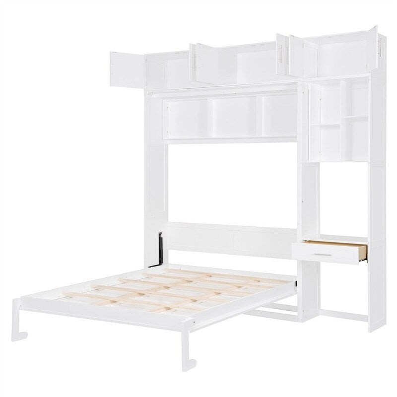 Lit escamotable mural double/queen avec bureau et armoire supérieure, lit pliant escamotable avec étagères de rangement, conception gain de place