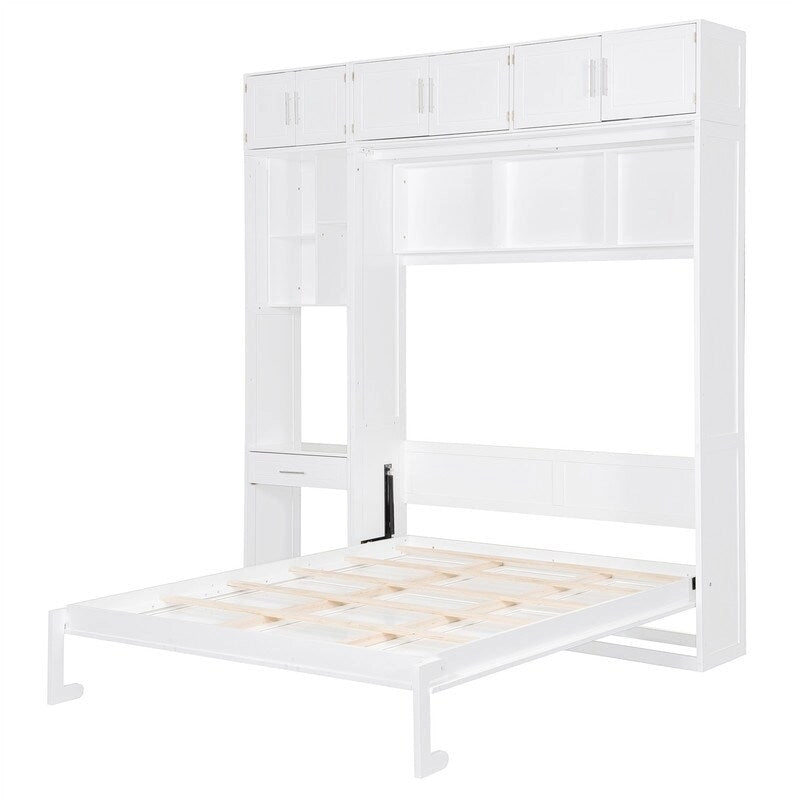 Lit escamotable mural double/queen avec bureau et armoire supérieure, lit pliant escamotable avec étagères de rangement, conception gain de place