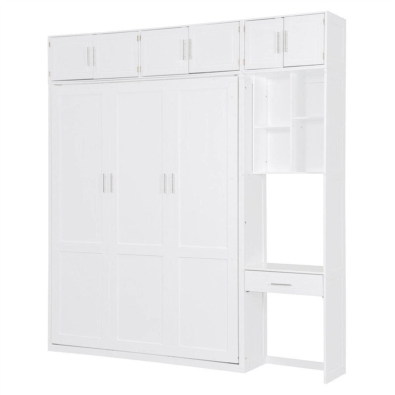 Lit escamotable mural double/queen avec bureau et armoire supérieure, lit pliant escamotable avec étagères de rangement, conception gain de place