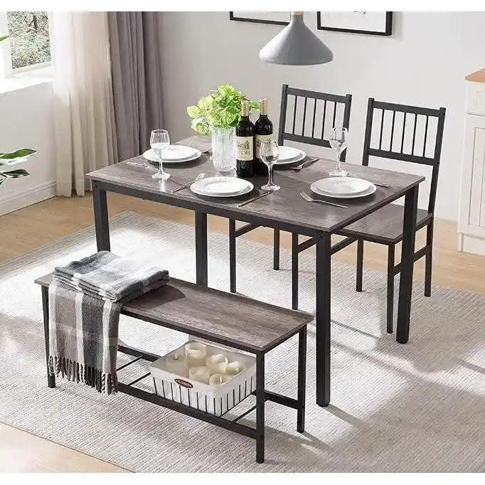 Ensemble table et chaises pour 4 personnes, comprenant une table de cuisine avec bancs et 2 chaises, plateau en bois et structure en métal, idéal pour un coin repas.