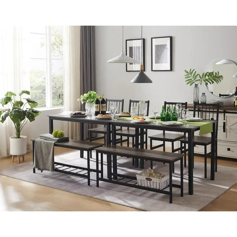 Ensemble table et chaises pour 4 personnes, comprenant une table de cuisine avec bancs et 2 chaises, plateau en bois et structure en métal, idéal pour un coin repas.