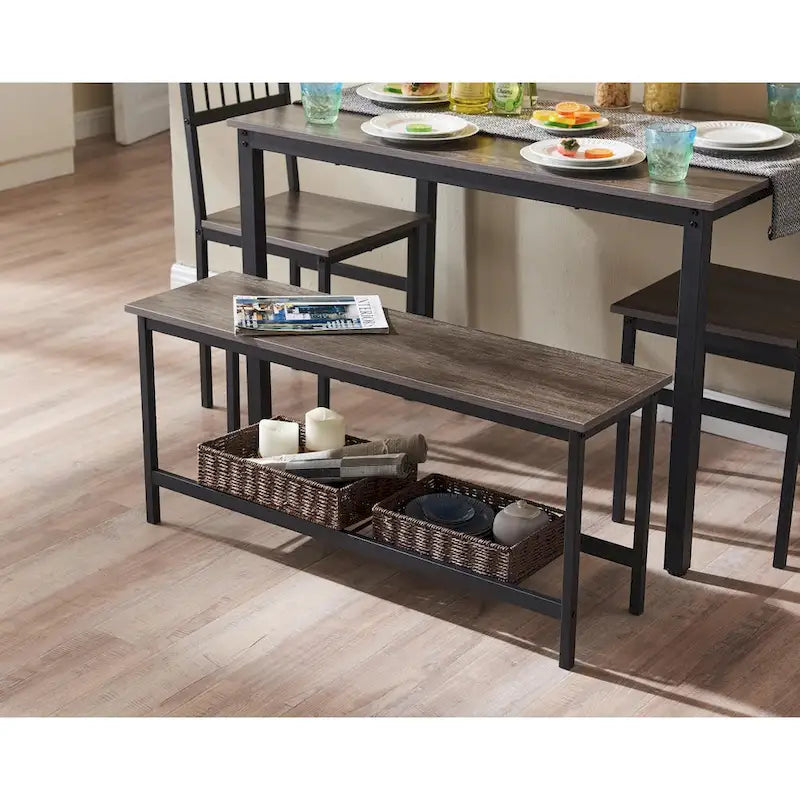 Ensemble table et chaises pour 4 personnes, comprenant une table de cuisine avec bancs et 2 chaises, plateau en bois et structure en métal, idéal pour un coin repas.