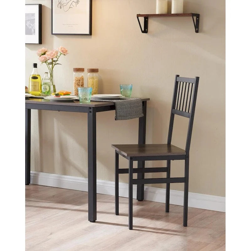 Ensemble table et chaises pour 4 personnes, comprenant une table de cuisine avec bancs et 2 chaises, plateau en bois et structure en métal, idéal pour un coin repas.