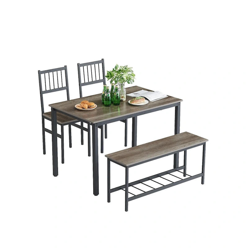 Ensemble table et chaises pour 4 personnes, comprenant une table de cuisine avec bancs et 2 chaises, plateau en bois et structure en métal, idéal pour un coin repas.