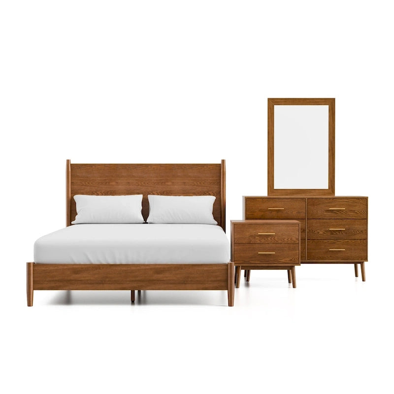 Ensemble de chambre à coucher plateforme 4 pièces Beau Midcentury en bois de noyer de Furniture of America