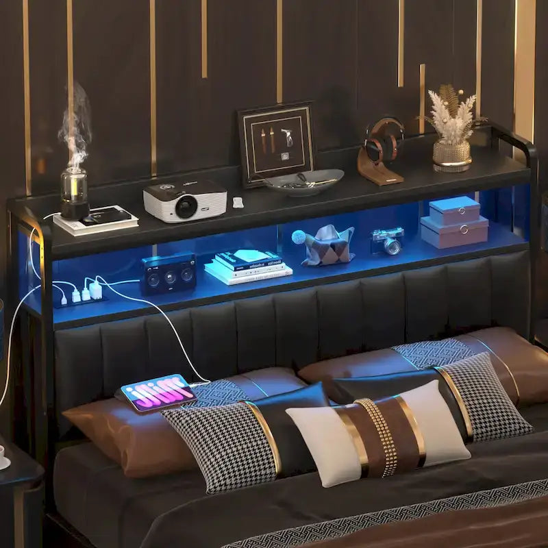 Têtes de lit rembourrées avec station de charge et lumière LED, tête de lit réglable en hauteur avec rangement