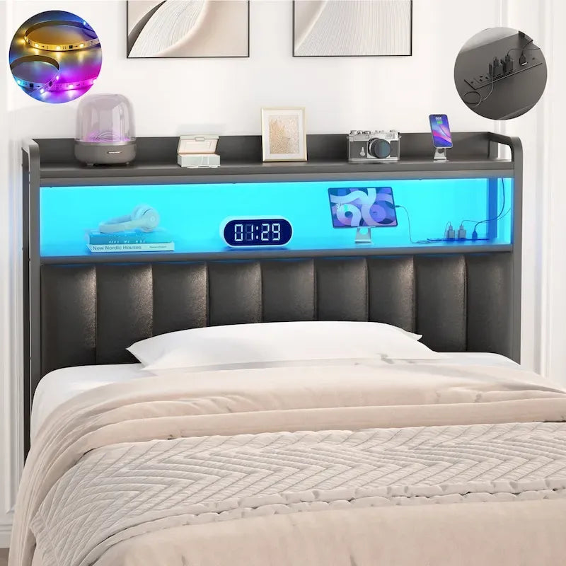 Têtes de lit rembourrées avec station de charge et lumière LED, tête de lit réglable en hauteur avec rangement