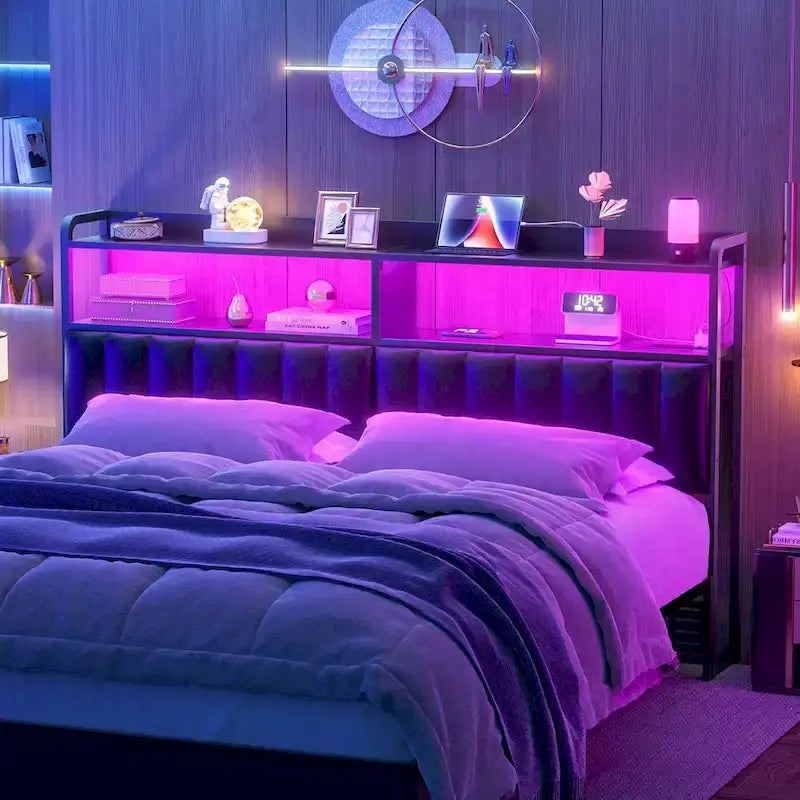 Têtes de lit rembourrées avec station de charge et lumière LED, tête de lit réglable en hauteur avec rangement