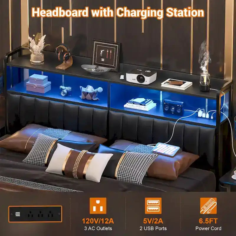 Têtes de lit rembourrées avec station de charge et lumière LED, tête de lit réglable en hauteur avec rangement