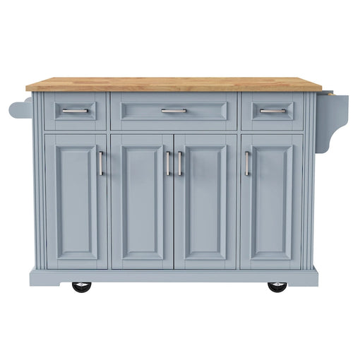 Îlot de cuisine de 137 cm avec abattant en bois d'hévéa, chariot de cuisine roulant à texture gaufrée sur 4 roues avec 4 portes et 3 tiroirs