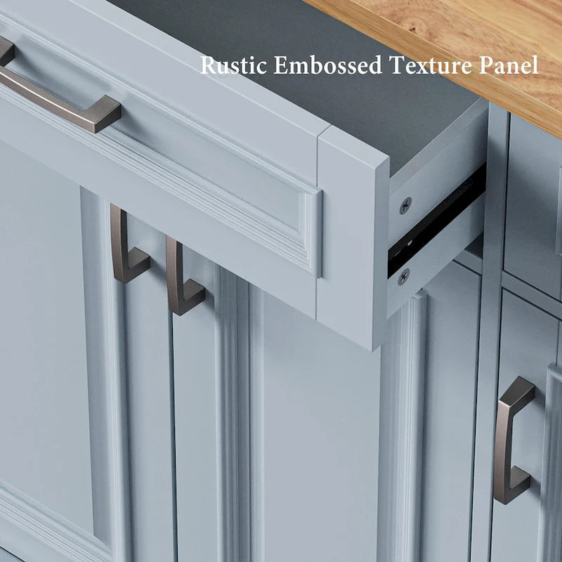 Îlot de cuisine de 137 cm avec abattant en bois d'hévéa, chariot de cuisine roulant à texture gaufrée sur 4 roues avec 4 portes et 3 tiroirs