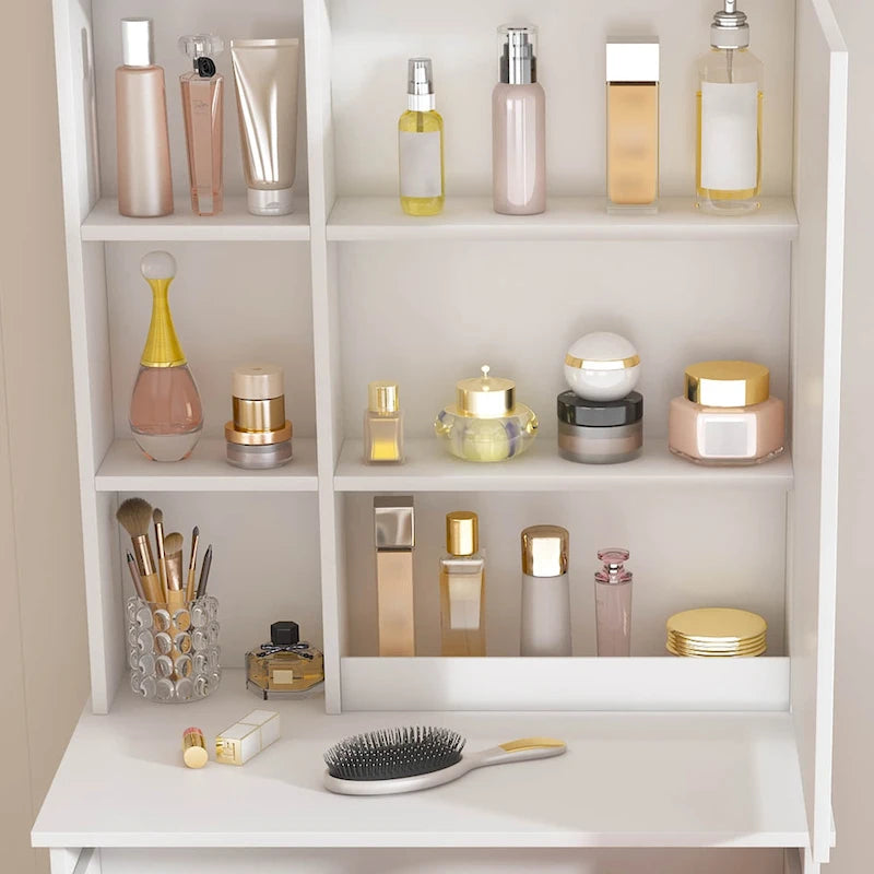 Modern Mini Dressing Table with LED-lit Mirror & Hidden Storage