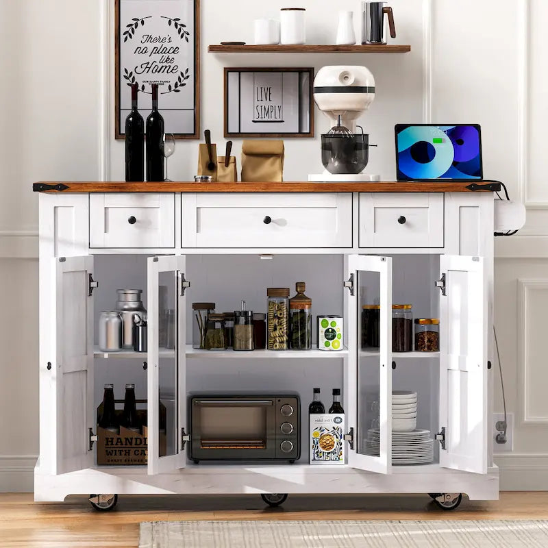 Îlot de cuisine de style campagnard de 53 pouces avec deux portes d'armoire en verre trempé (tabouret non inclus)