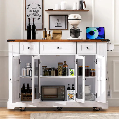 Îlot de cuisine de style campagnard de 53 pouces avec deux portes d'armoire en verre trempé (tabouret non inclus)