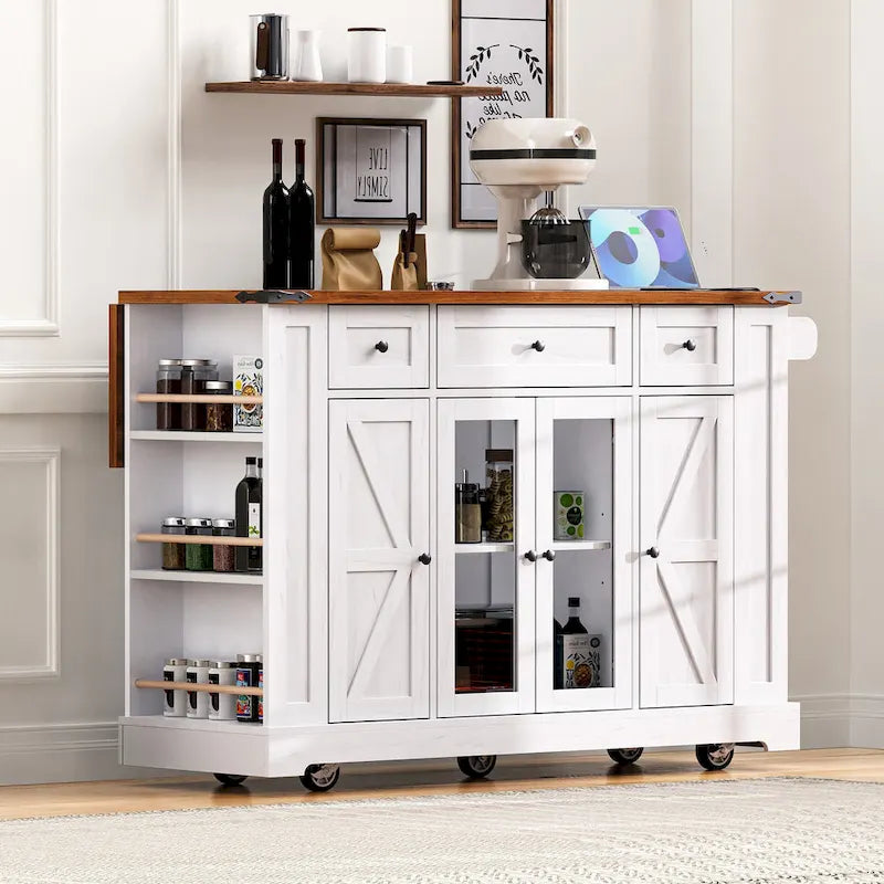 Îlot de cuisine de style campagnard de 53 pouces avec deux portes d'armoire en verre trempé (tabouret non inclus)
