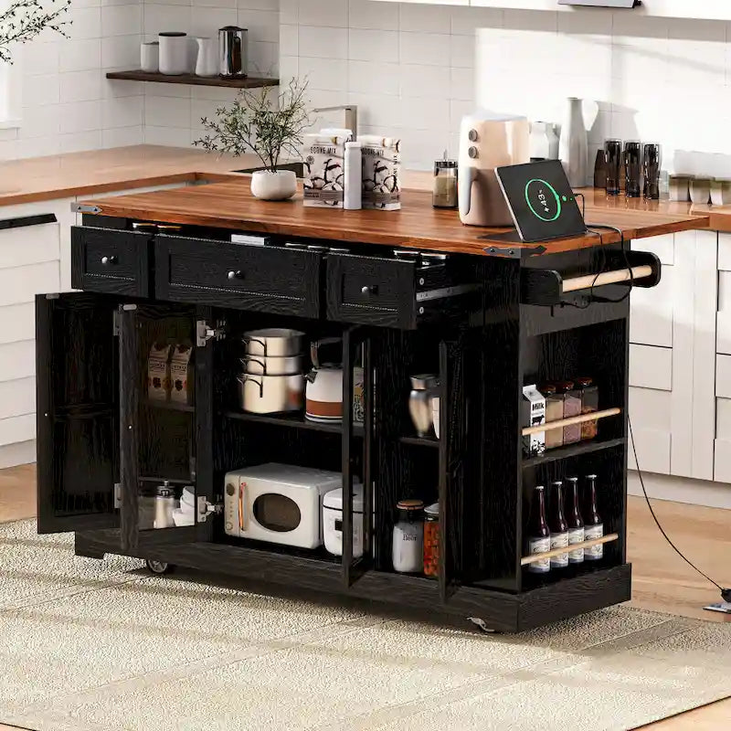 Îlot de cuisine de style campagnard de 53 pouces avec deux portes d'armoire en verre trempé (tabouret non inclus)