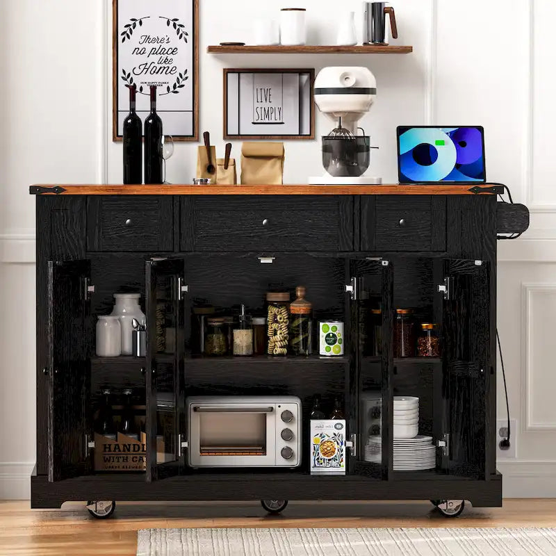 Îlot de cuisine de style campagnard de 53 pouces avec deux portes d'armoire en verre trempé (tabouret non inclus)