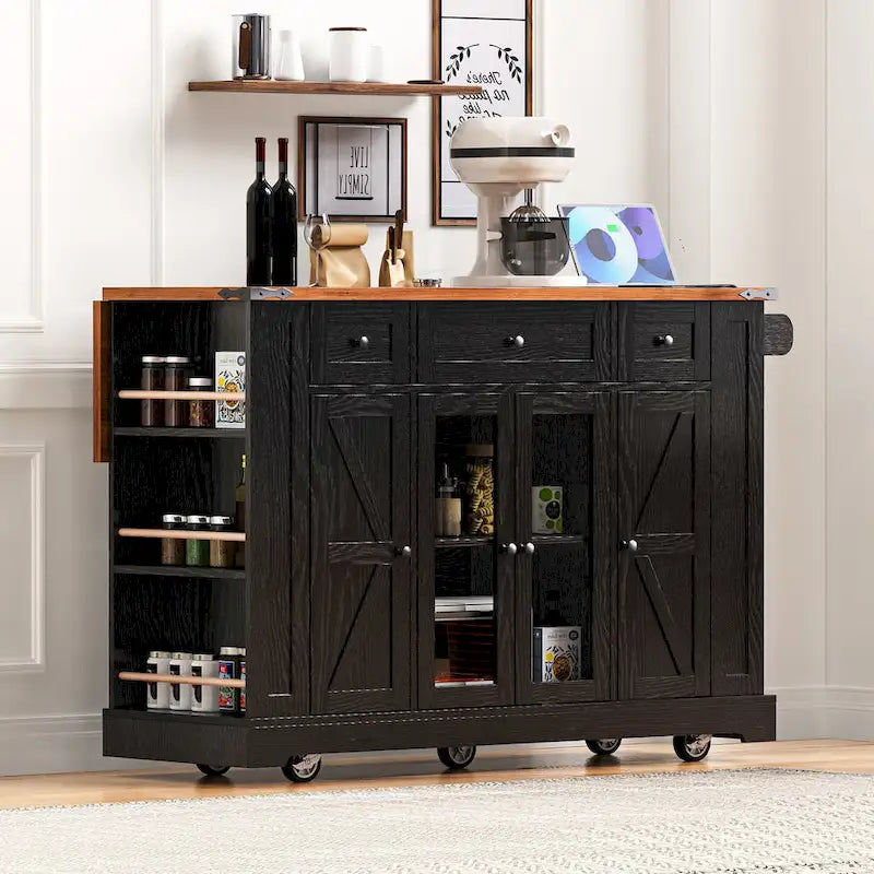 Îlot de cuisine de style campagnard de 53 pouces avec deux portes d'armoire en verre trempé (tabouret non inclus)