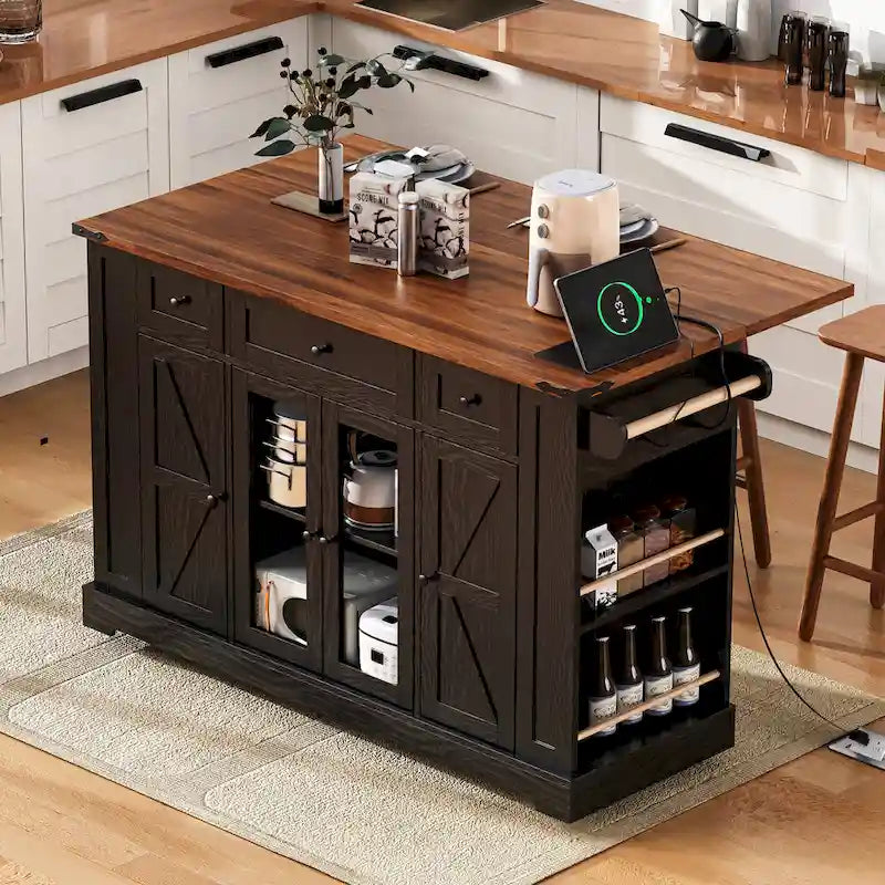 Îlot de cuisine de style campagnard de 53 pouces avec deux portes d'armoire en verre trempé (tabouret non inclus)