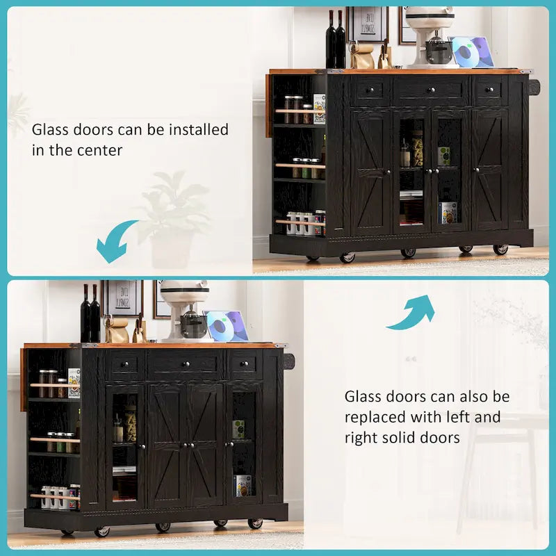 Îlot de cuisine de style campagnard de 53 pouces avec deux portes d'armoire en verre trempé (tabouret non inclus)