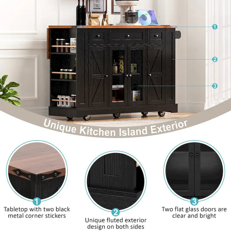 Îlot de cuisine de style campagnard de 53 pouces avec deux portes d'armoire en verre trempé (tabouret non inclus)