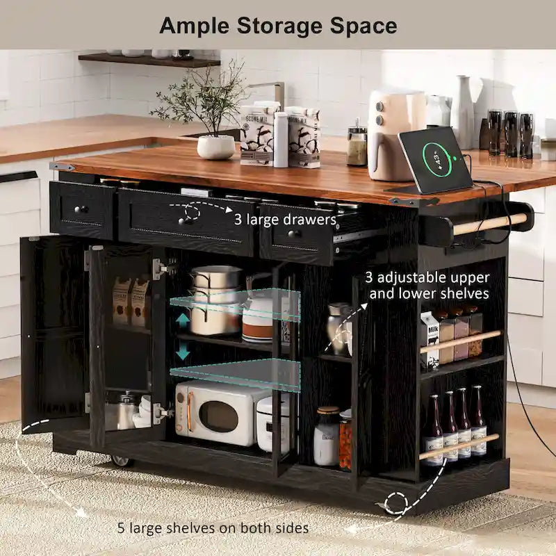 Îlot de cuisine de style campagnard de 53 pouces avec deux portes d'armoire en verre trempé (tabouret non inclus)