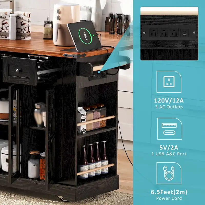Îlot de cuisine de style campagnard de 53 pouces avec deux portes d'armoire en verre trempé (tabouret non inclus)