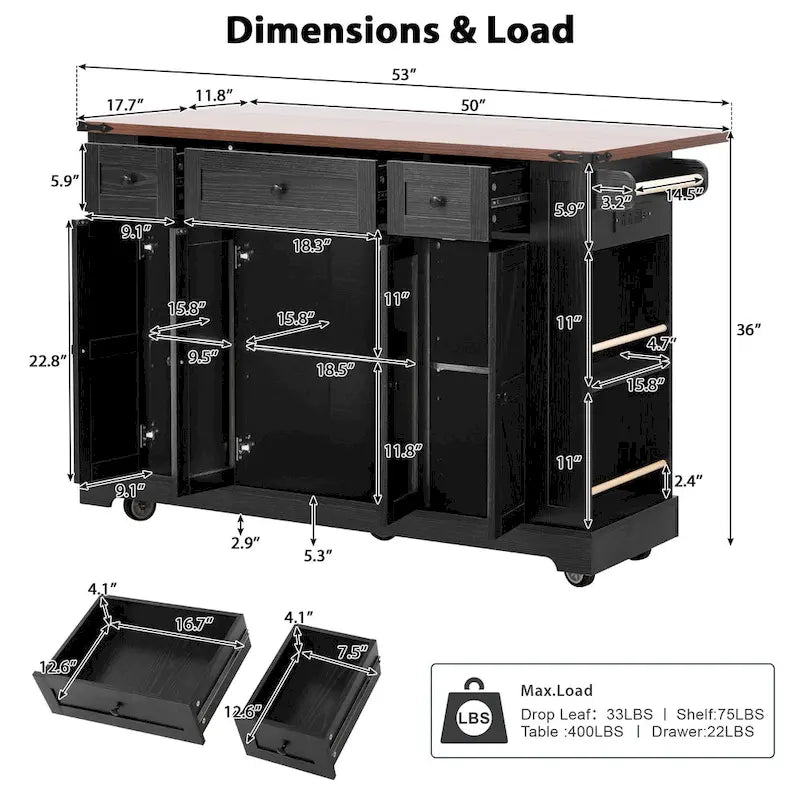 Îlot de cuisine de style campagnard de 53 pouces avec deux portes d'armoire en verre trempé (tabouret non inclus)