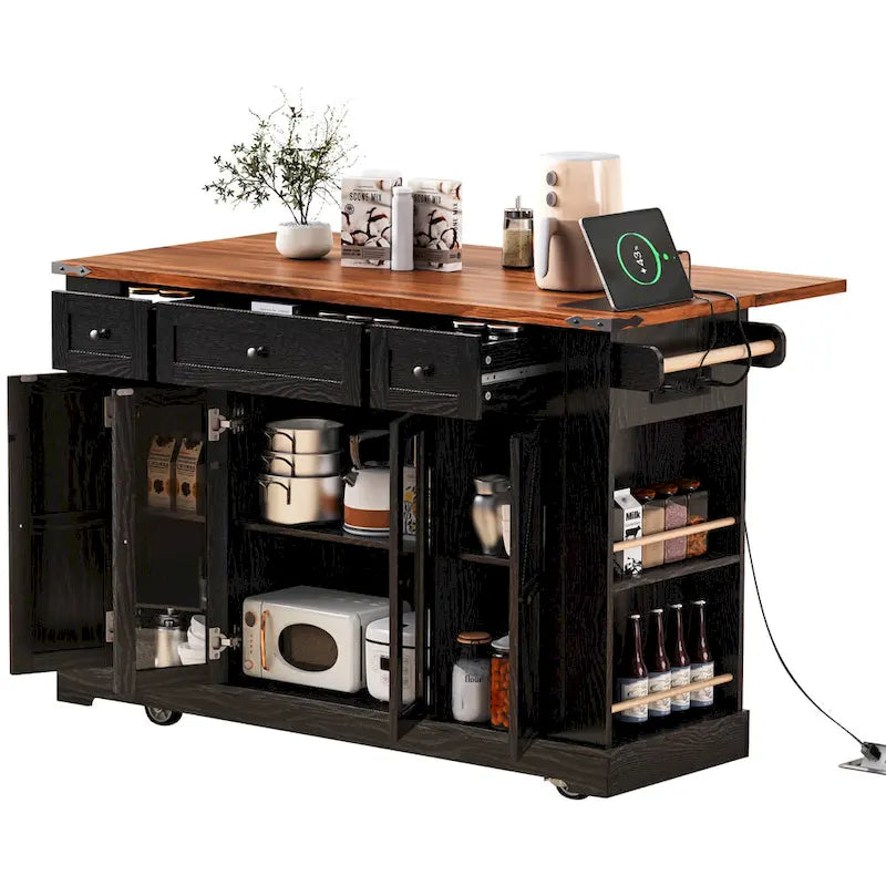 Îlot de cuisine de style campagnard de 53 pouces avec deux portes d'armoire en verre trempé (tabouret non inclus)