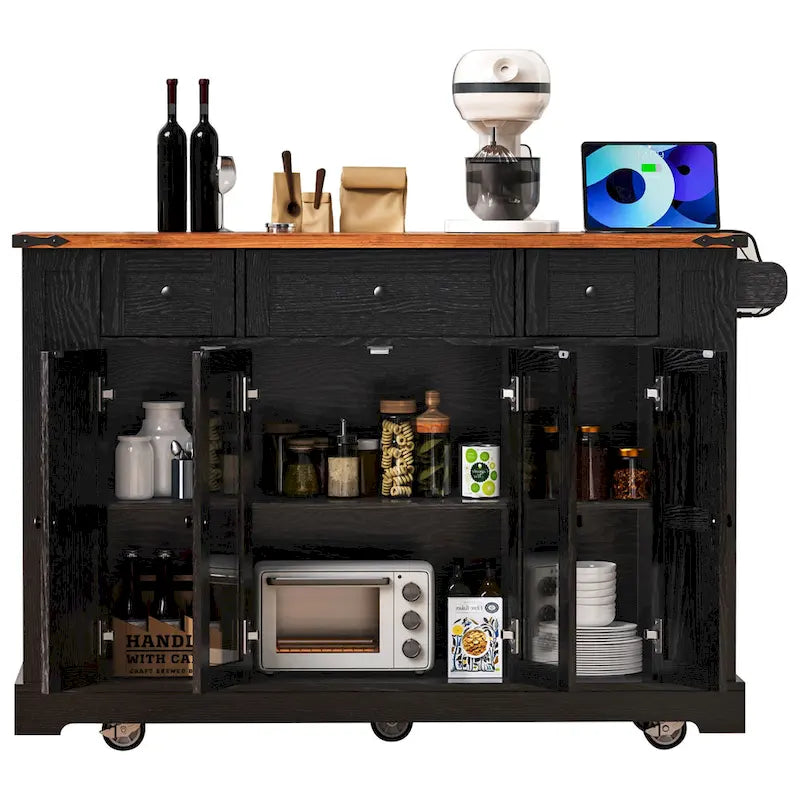 Îlot de cuisine de style campagnard de 53 pouces avec deux portes d'armoire en verre trempé (tabouret non inclus)