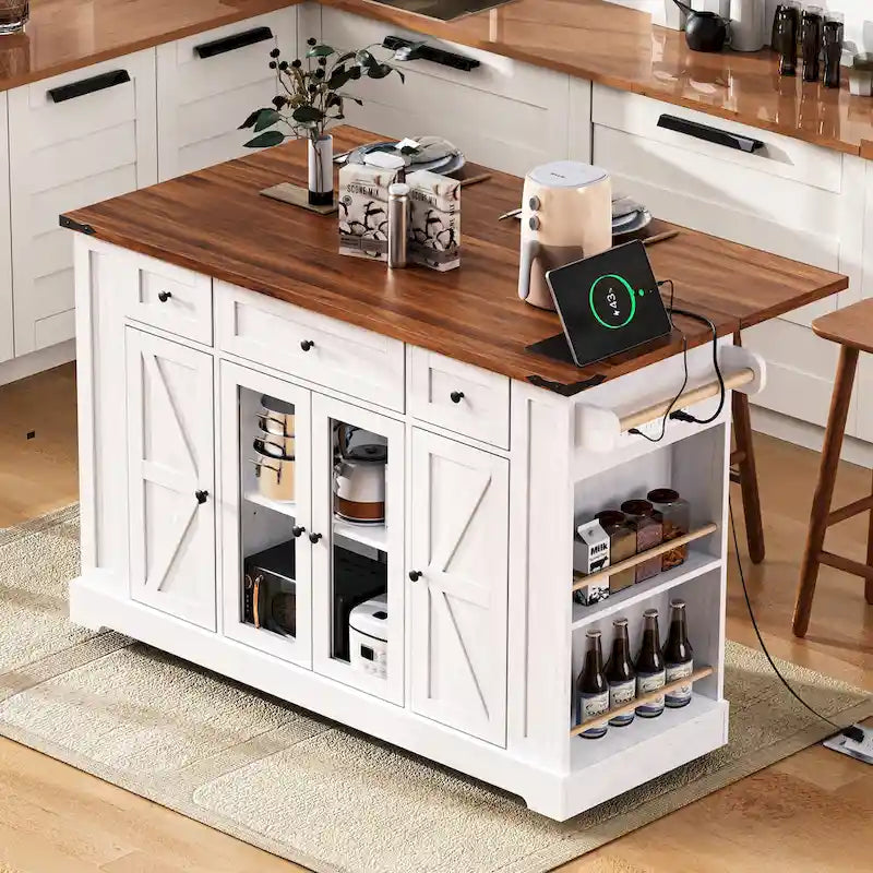 Îlot de cuisine de style campagnard de 53 pouces avec deux portes d'armoire en verre trempé (tabouret non inclus)