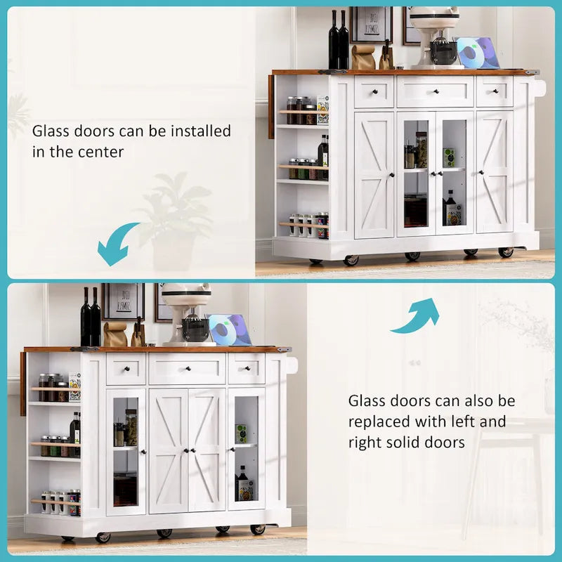 Îlot de cuisine de style campagnard de 53 pouces avec deux portes d'armoire en verre trempé (tabouret non inclus)