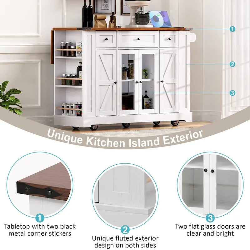Îlot de cuisine de style campagnard de 53 pouces avec deux portes d'armoire en verre trempé (tabouret non inclus)